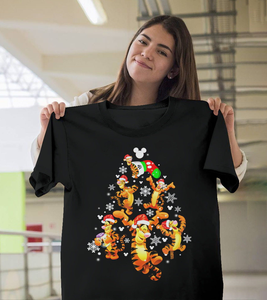 Tigger Christmas Santa Hat Snowflakes Mickey Ears T-Shirt
