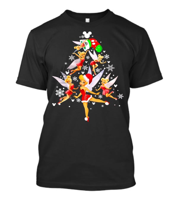 Tinker Bell Christmas Tree With Mickey Santa Hat And Snowflakes T-Shirt