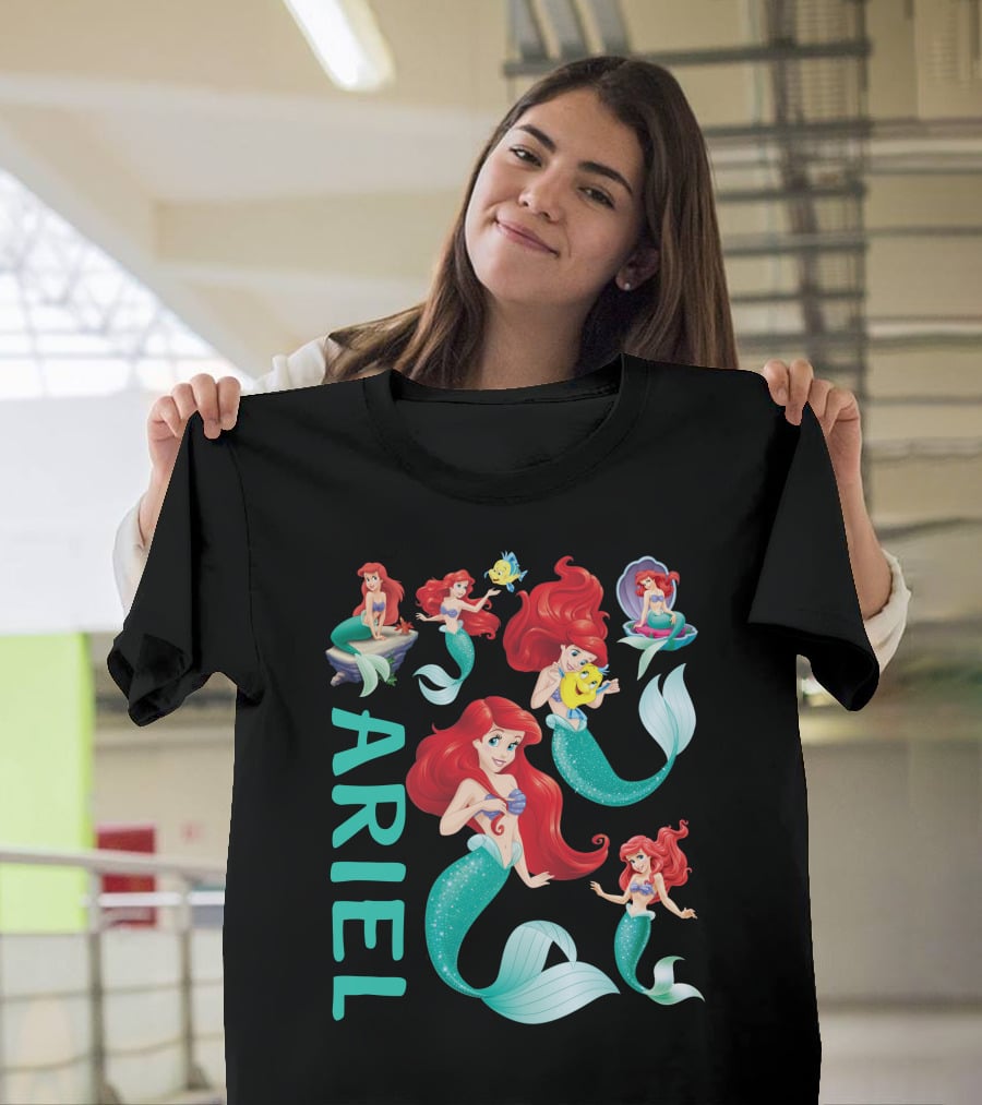 Ariel Little Mermaid With Flounder And Seashell Poses T-Shirt