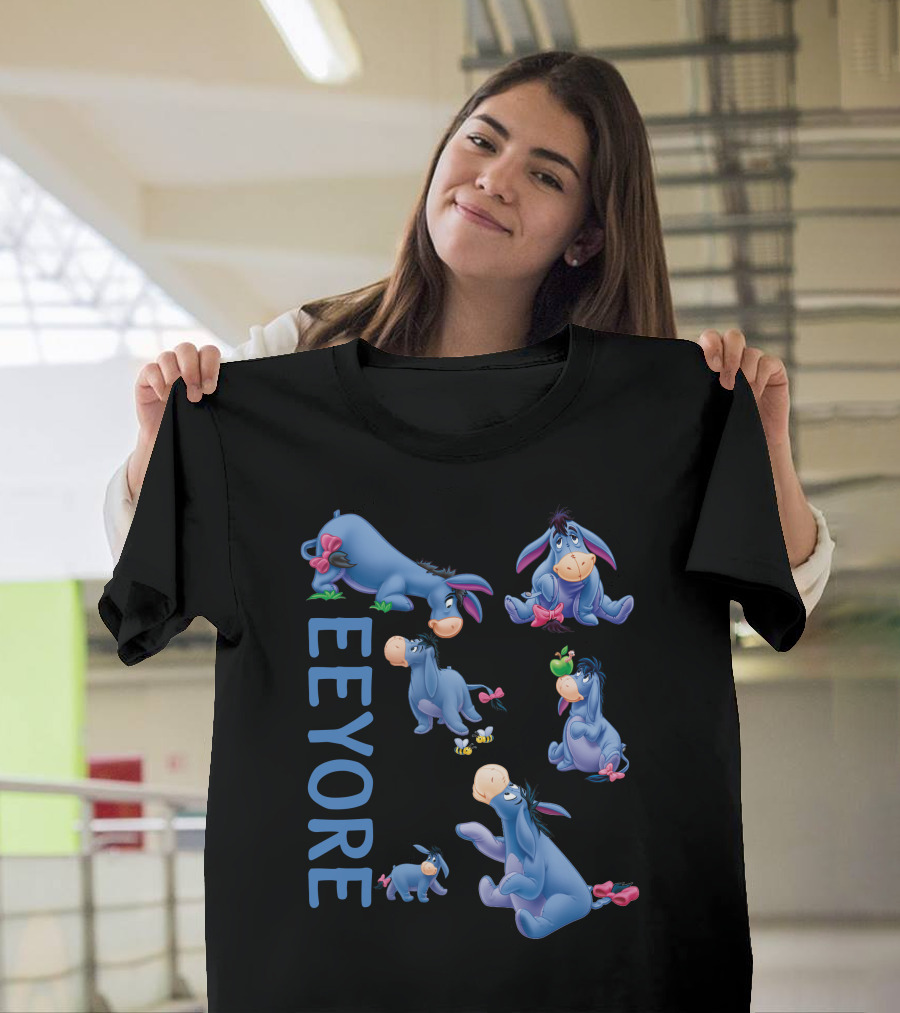 Eeyore Character Illustrations With Text On Black T-Shirt