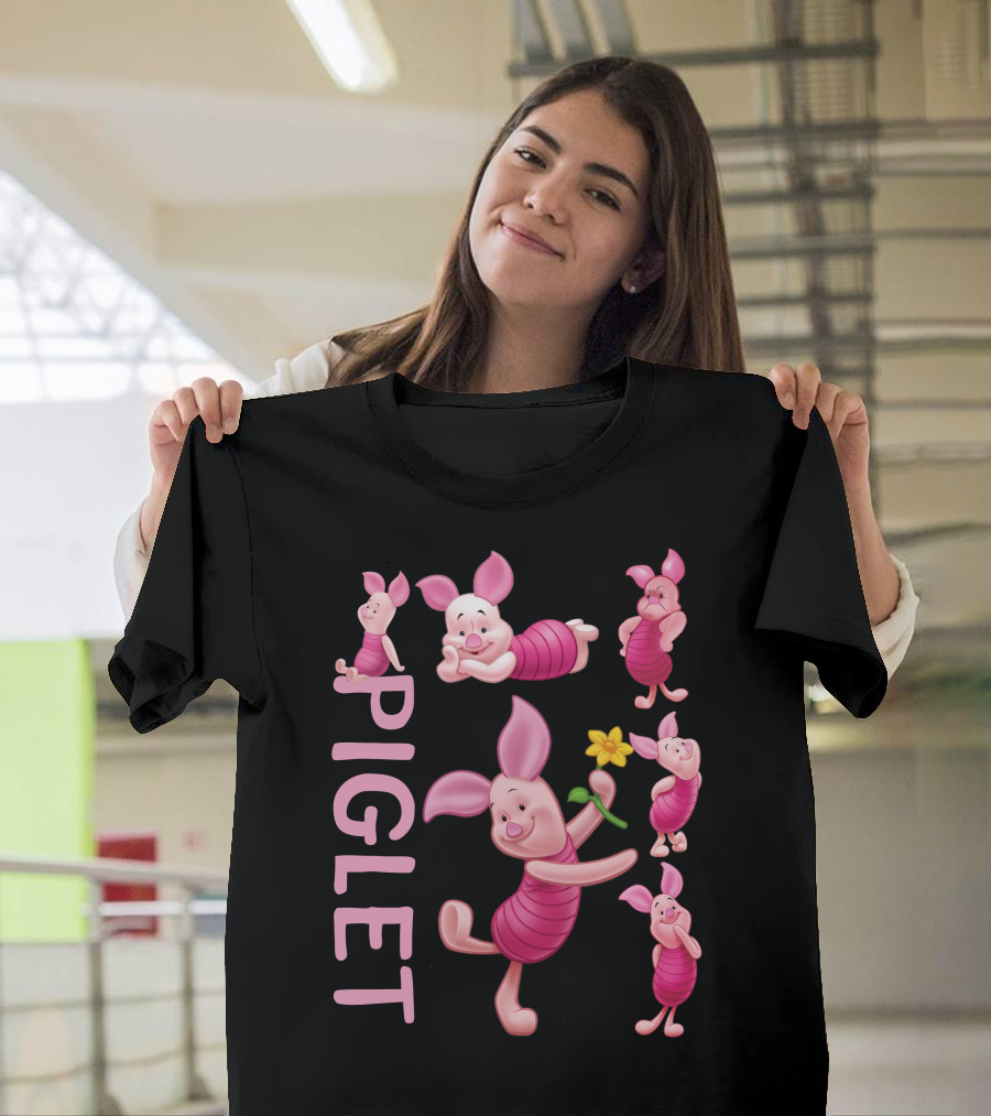 Piglet Playful Poses Cute Character With Flower T-Shirt