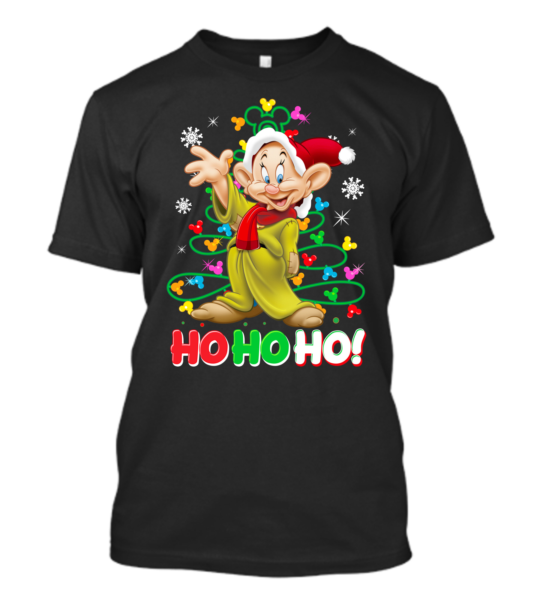 Dopey Ho Ho Ho Christmas Snowflakes Green Yellow Red Santa Hat Disney T-Shirt