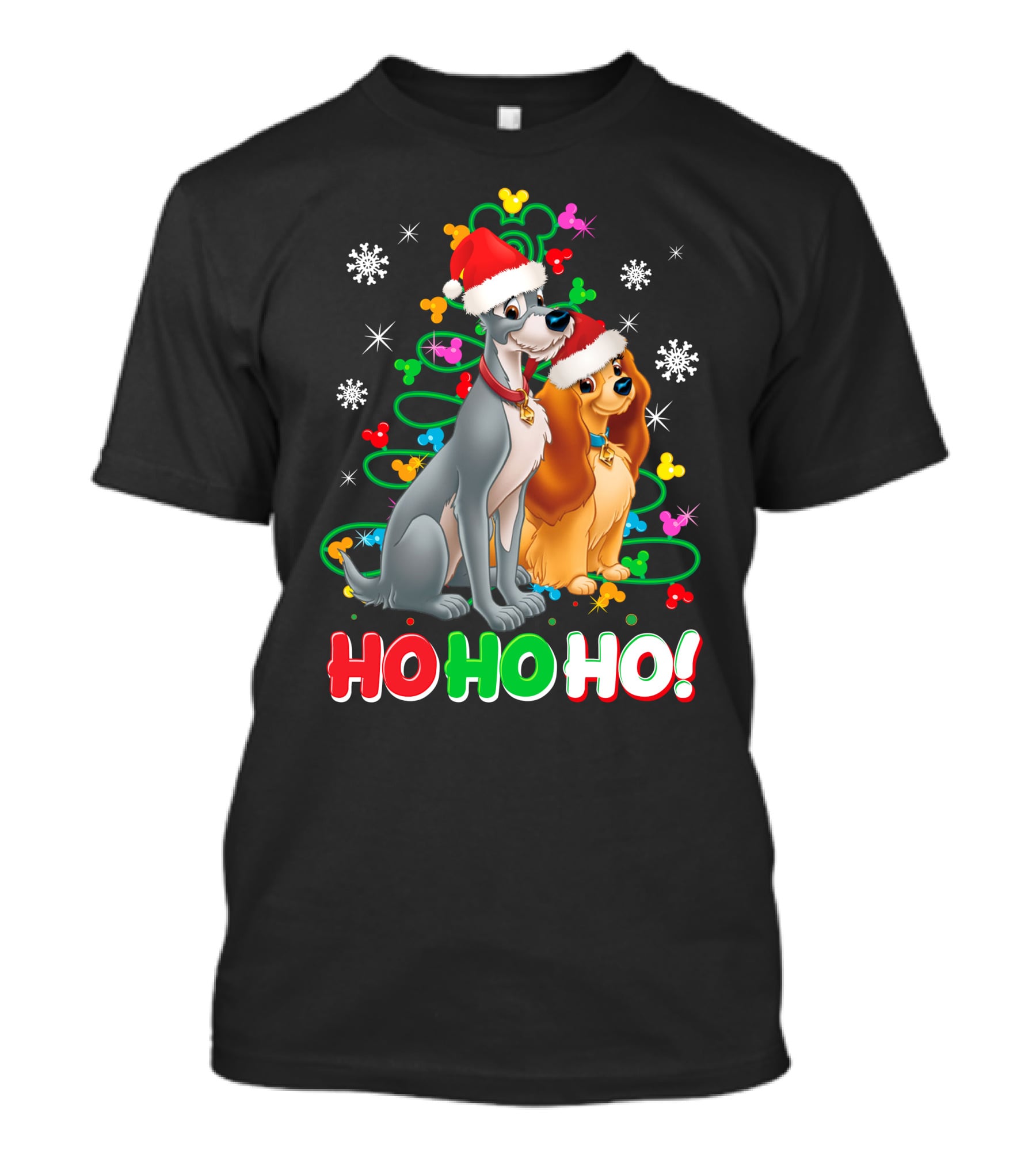 Lady And The Tramp Ho Ho Ho Christmas Santa Hats Snowflakes T-Shirt