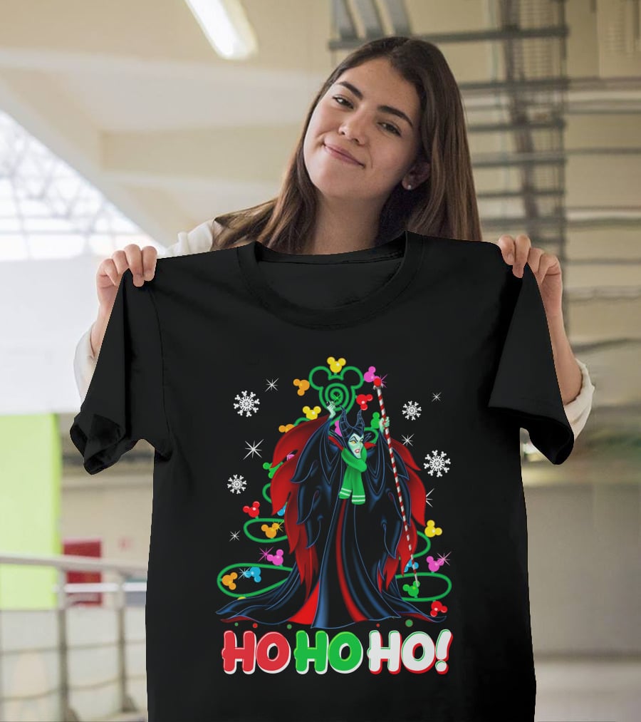 Maleficent Christmas Ho Ho Ho Snowflakes And Mickey Ears T-Shirt