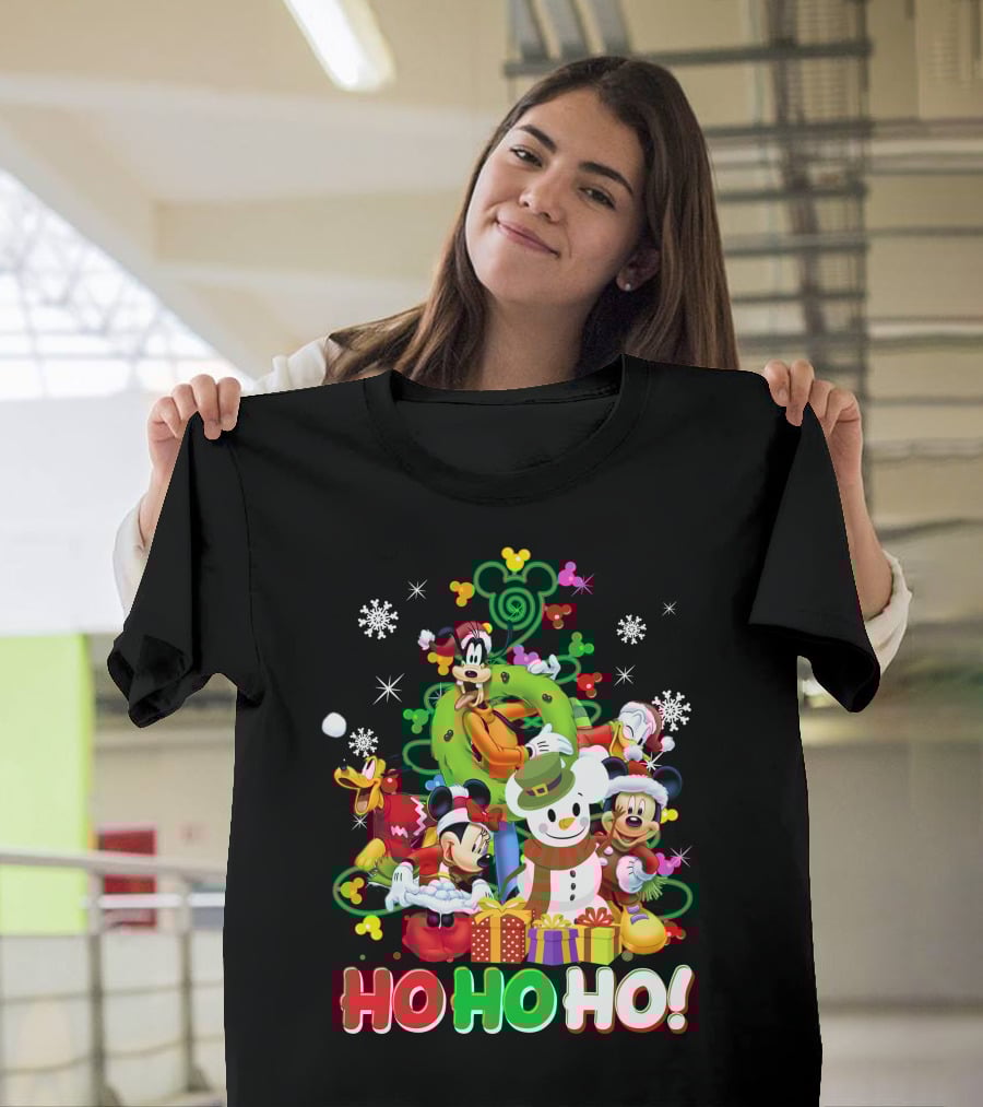 Mickey And Friends Holiday Cheer Ho Ho Ho Snowman And Gifts T-Shirt