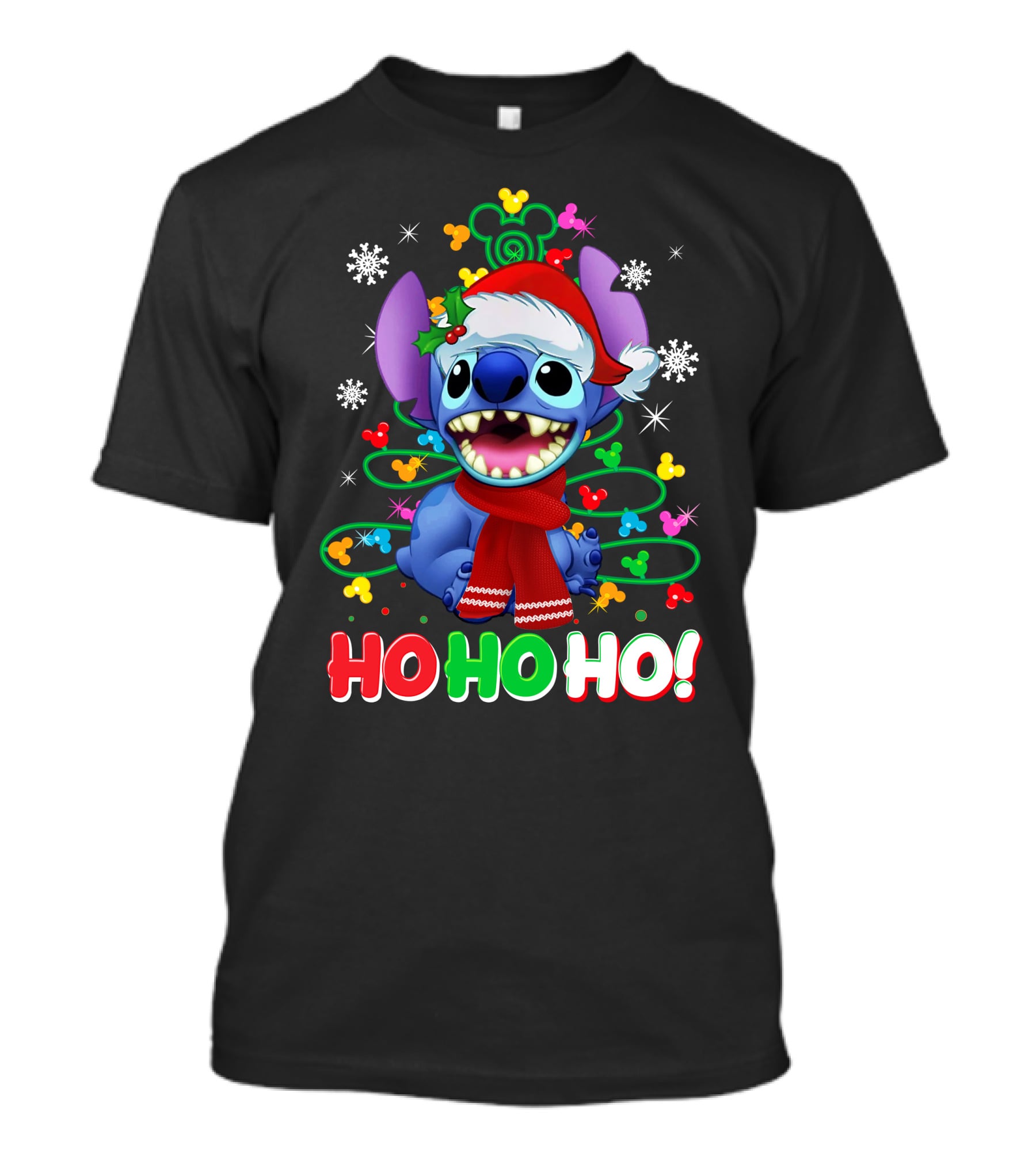 Stitch Christmas Ho Ho Ho Santa Hat Holiday Snowflakes Mickey Ears T-Shirt