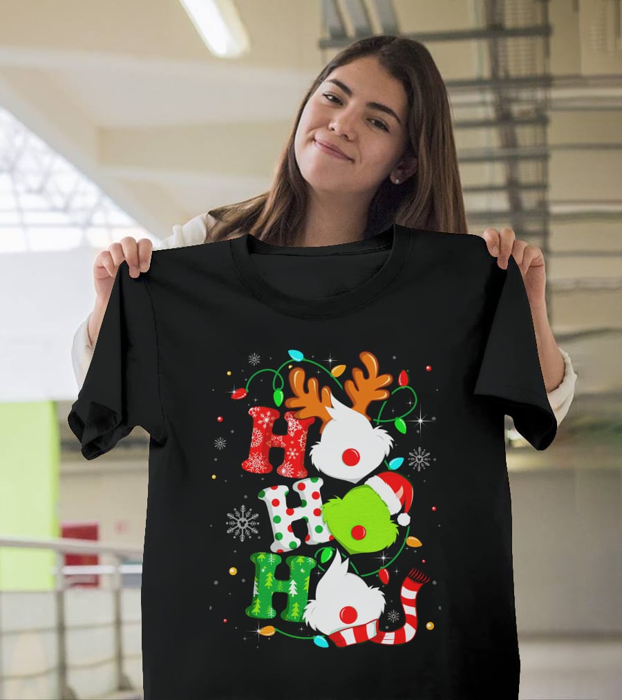 Ho Ho Ho Grinch Christmas Lights Reindeer Antlers Santa Hat Snowflakes T-Shirt
