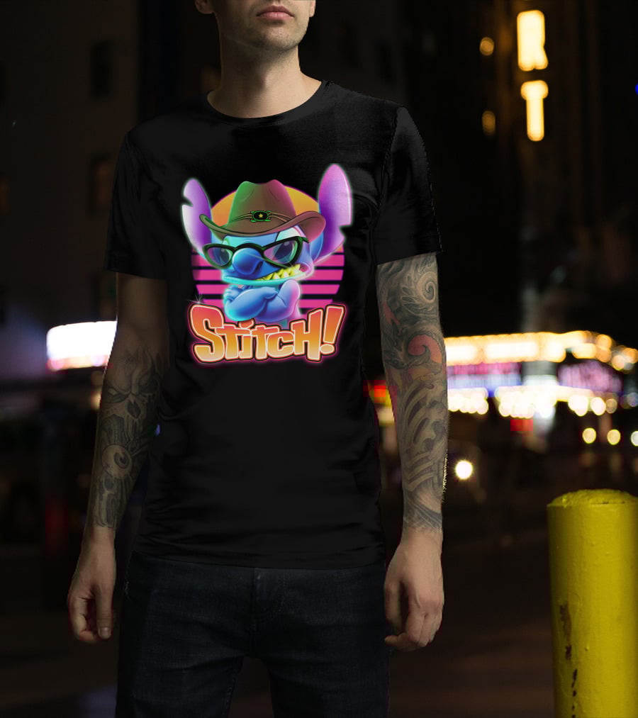 Stitch Neon Retro Cowboy Style With Sunglasses T-Shirt