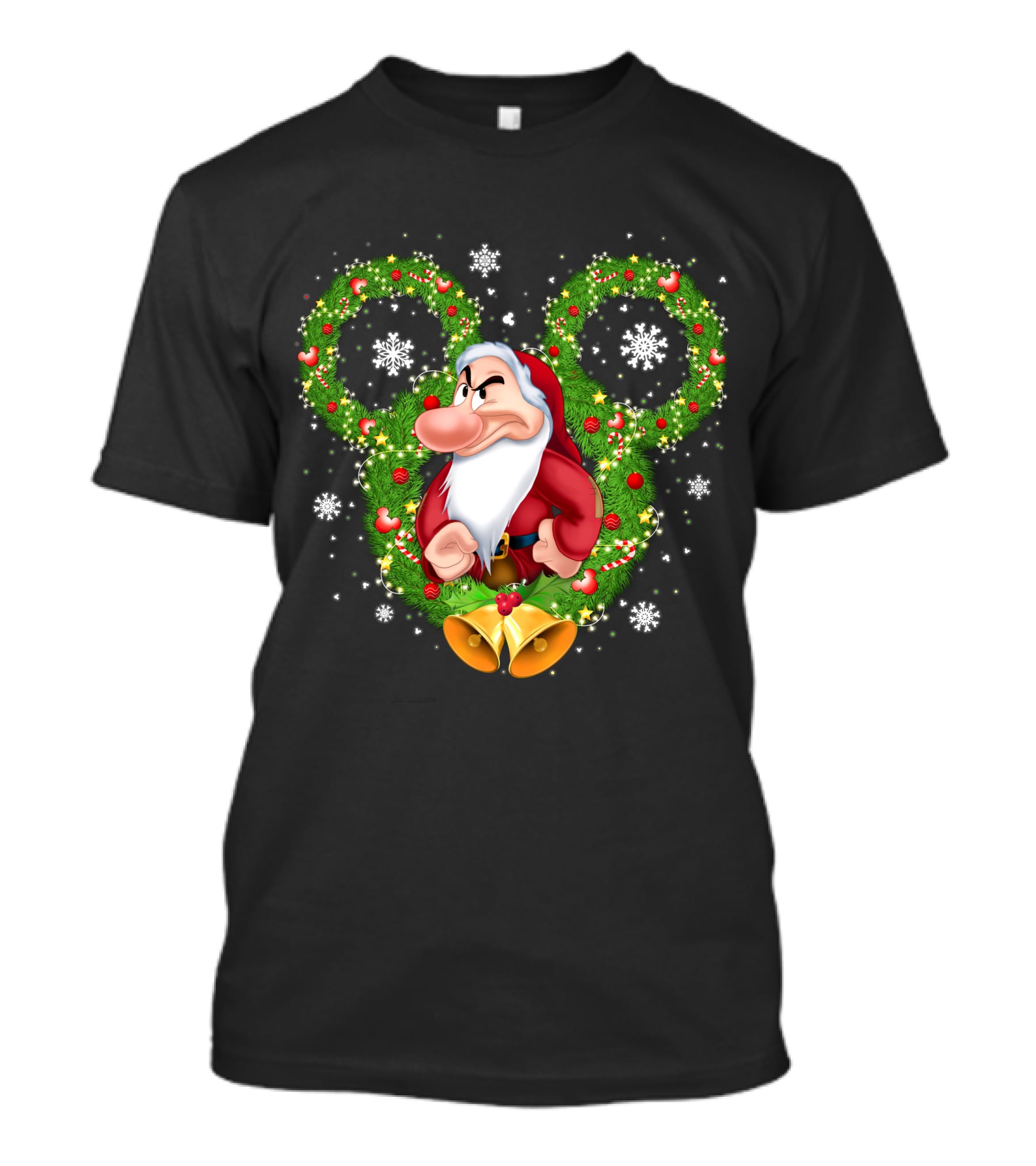 Grumpy Santa Dwarf In Wreath With Snowflakes And Bells T-Shirt