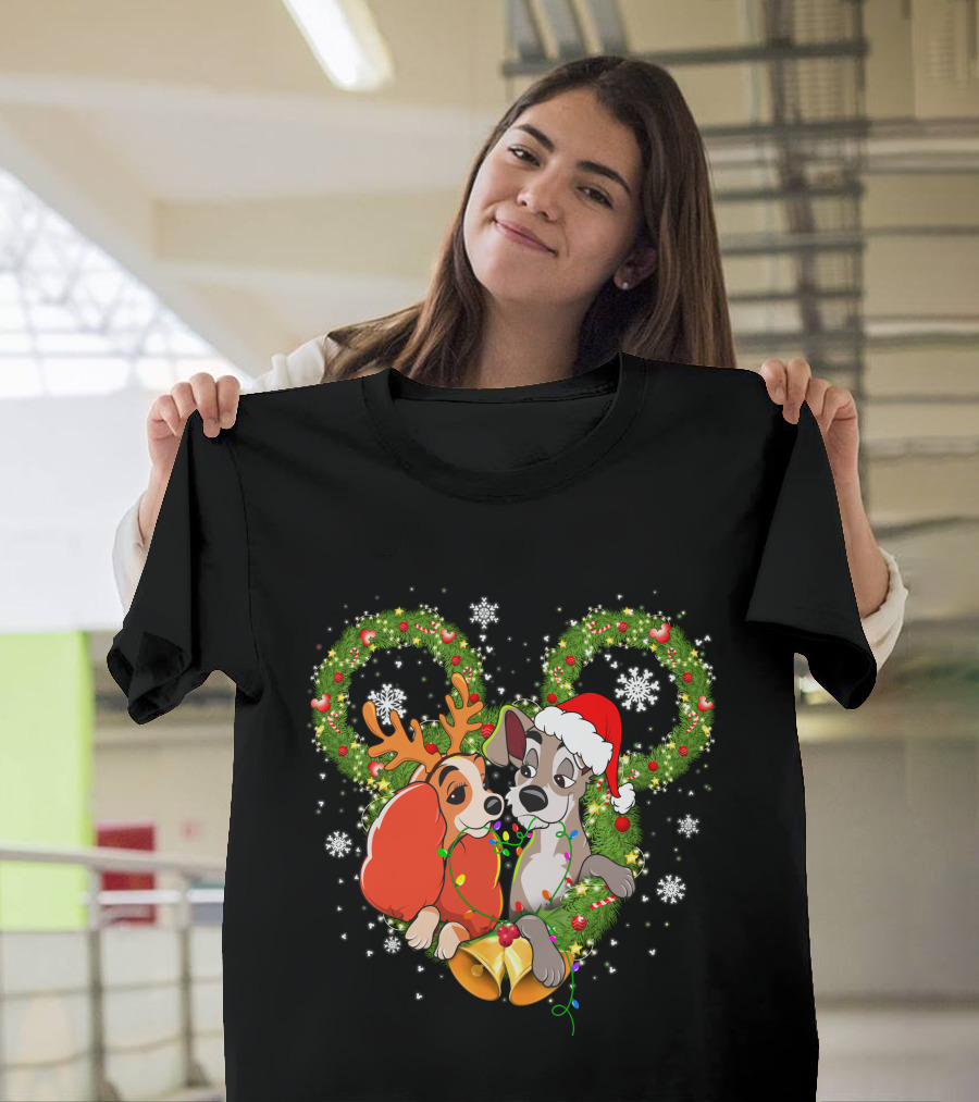 Lady And The Tramp Christmas Wreath Mickey Ears Snowflakes T-Shirt