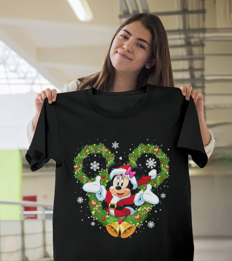 Minnie Mouse Christmas Wreath Santa Snowflakes Bow Bells T-Shirt