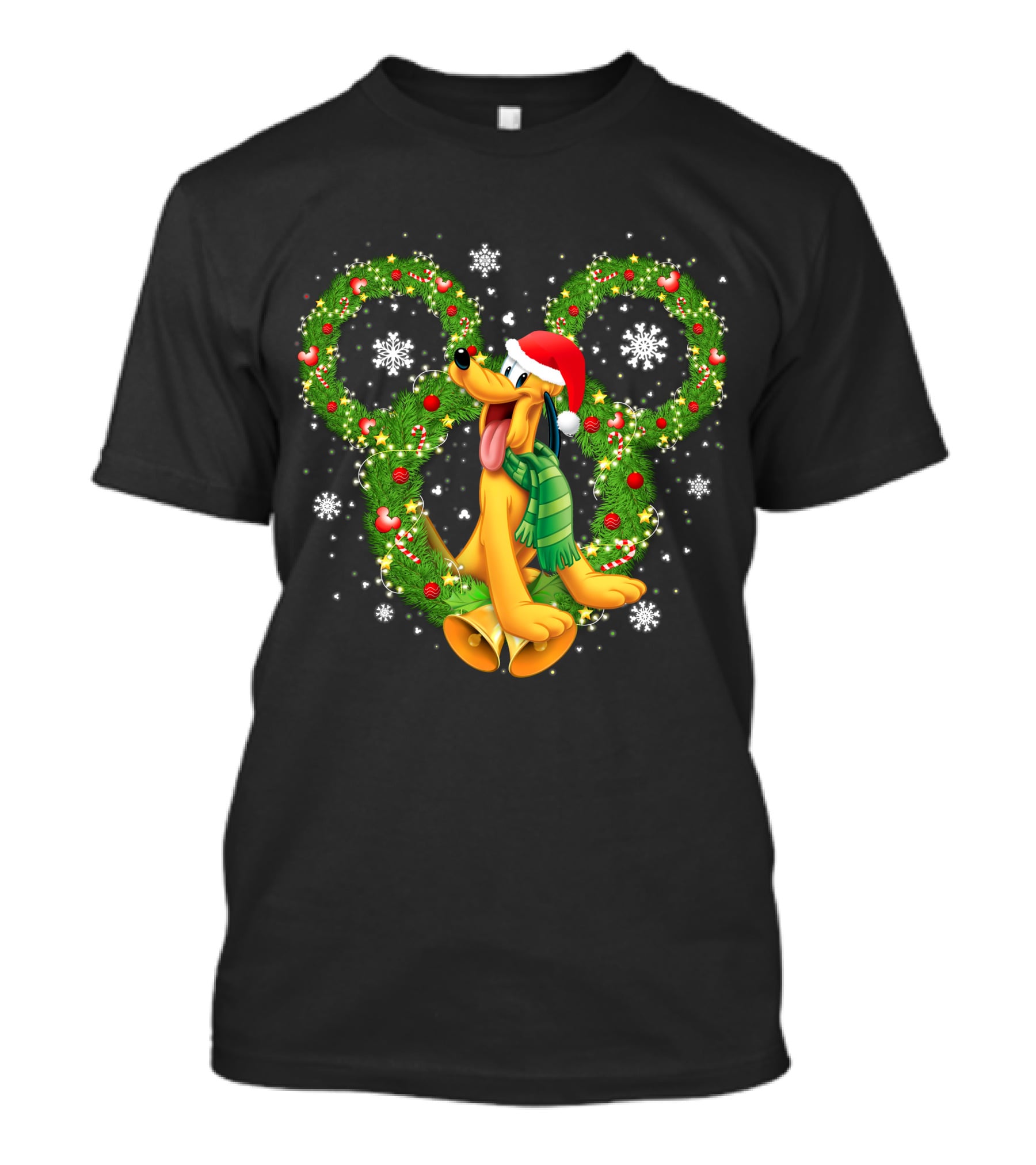 Pluto Christmas Wreath Snowflakes Santa Hat Holiday Disney T-Shirt