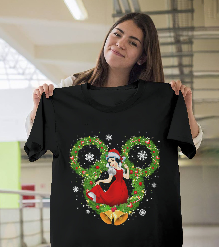 Snow White Christmas Wreath With Mickey Ears And Holiday Bells T-Shirt
