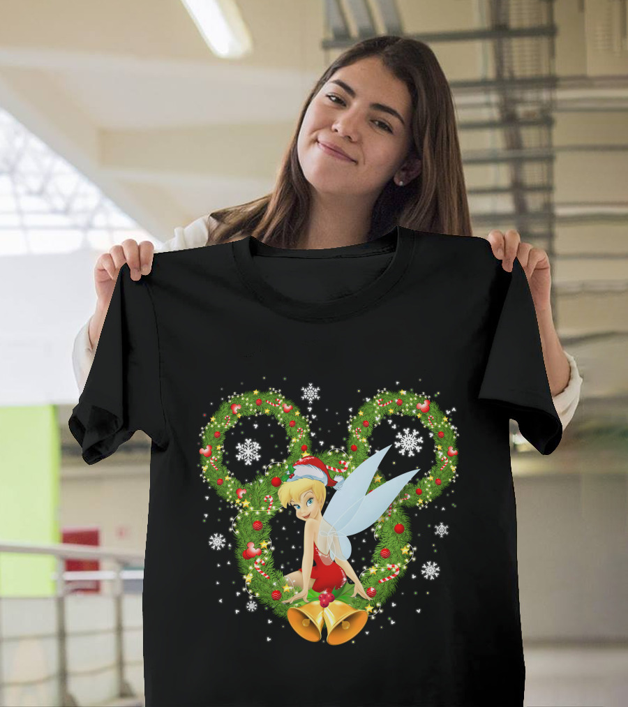 Tinker Bell Christmas Wreath With Santa Hat And Snowflakes T-Shirt