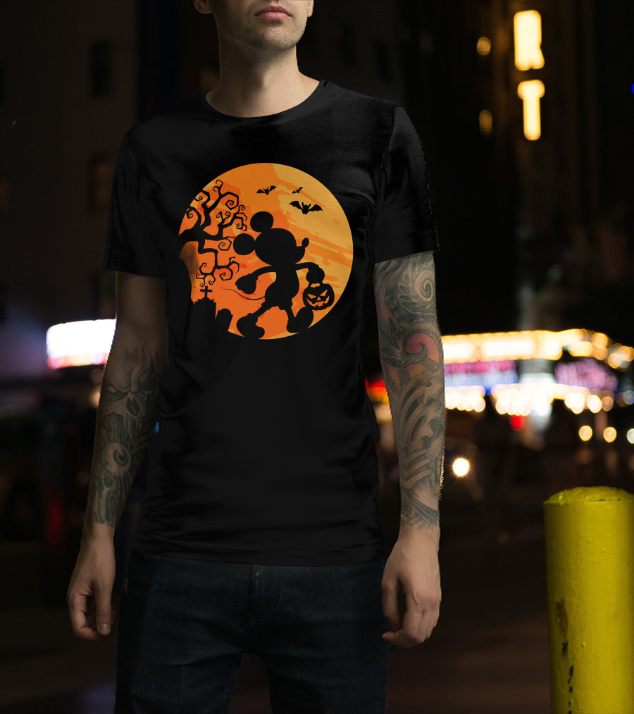 Halloween 54 Mickey Mouse Silhouette With Pumpkin And Bats T-Shirt