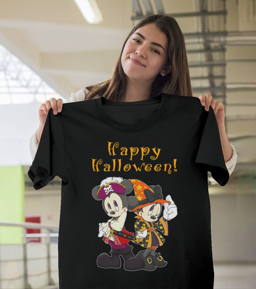 Happy Halloween Mickey And Minnie Mouse Pirate And Witch Costume T-Shirt