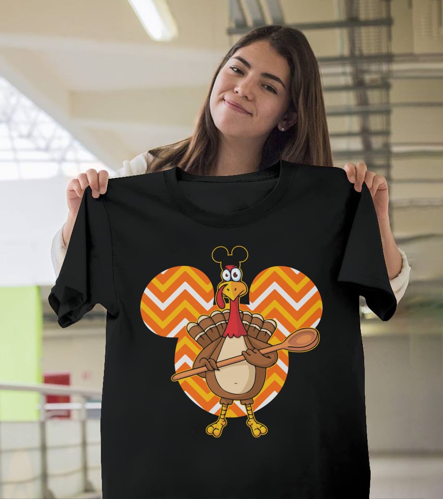 Thanksgiving Turkey With Spoon And Mickey Ears On Chevron T-Shirt