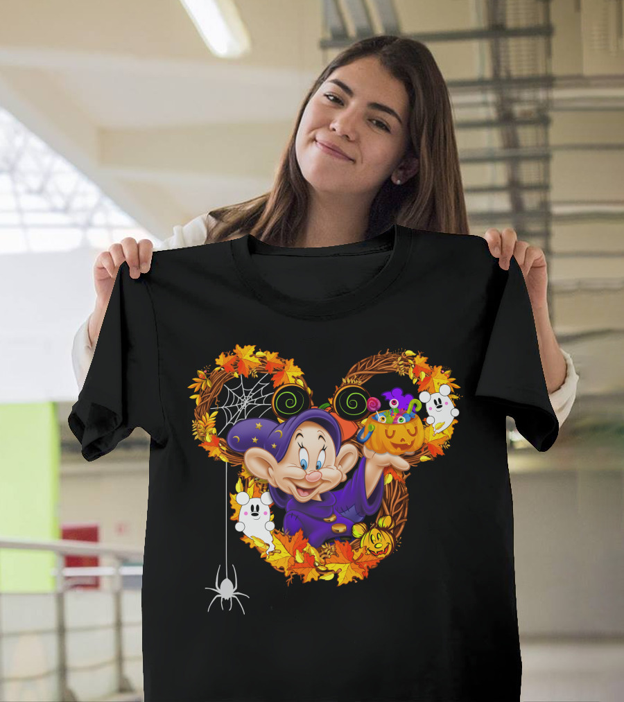 Dopey Halloween Mickey Ears Autumn Leaves Ghosts And Pumpkins T-Shirt