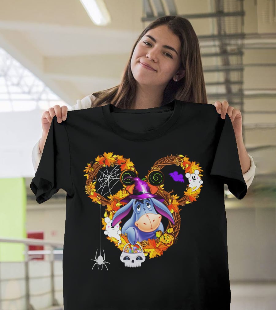 Eeyore Halloween Wreath With Witch Hat And Candy Skulls T-Shirt