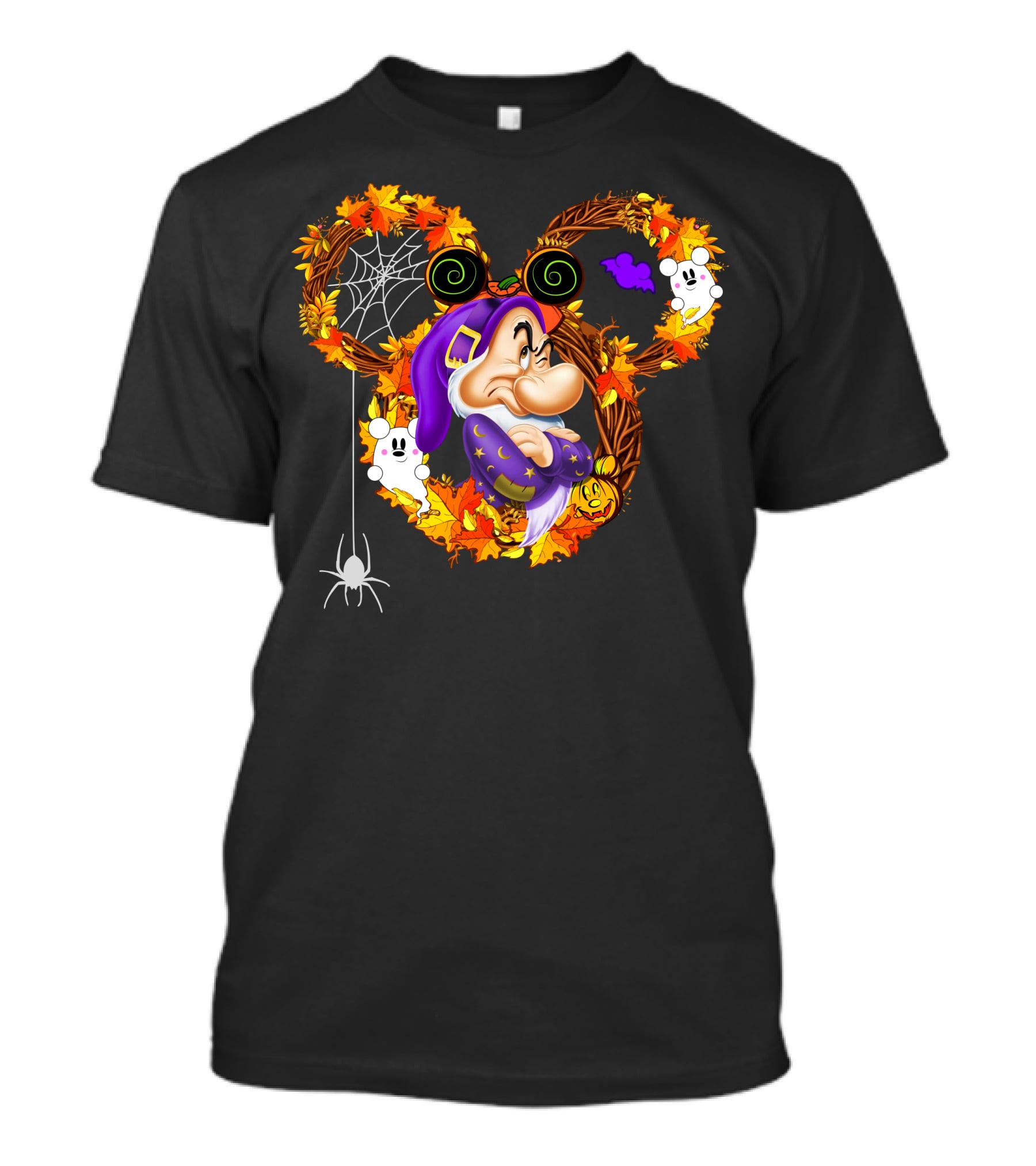 Grumpy Halloween Wreath With Ghosts And Spider Web In Autumn Colors T-Shirt