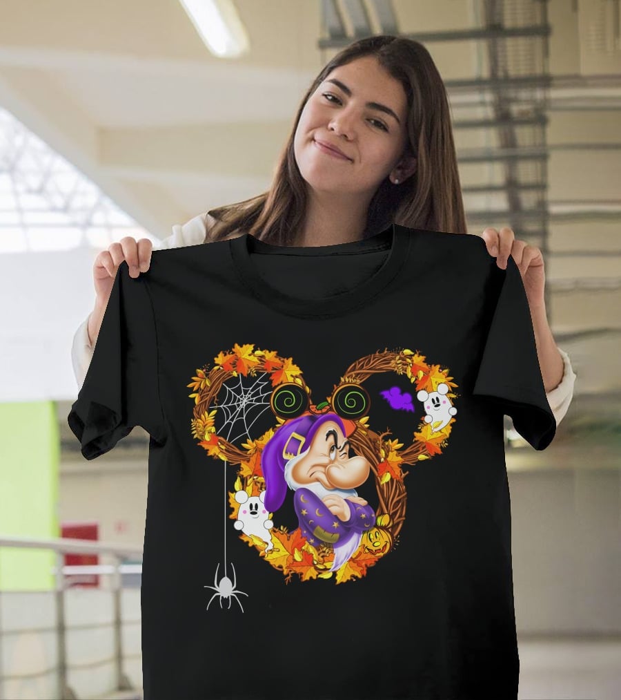 Grumpy Halloween Wreath With Ghosts And Spider Web In Autumn Colors T-Shirt
