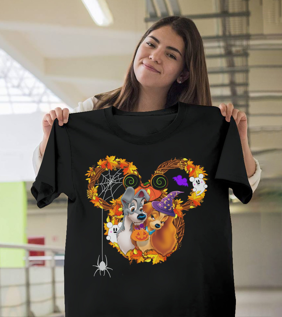Lady And The Tramp Halloween Wreath With Pumpkins And Ghosts T-Shirt