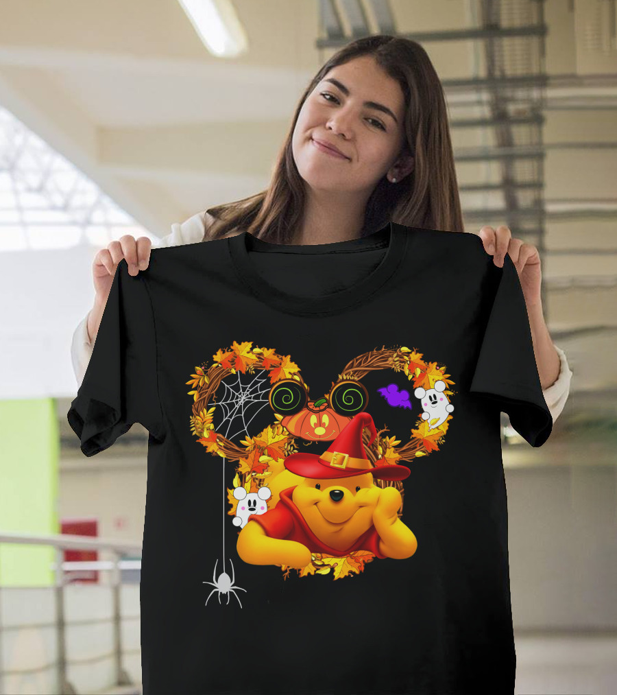 Pooh Halloween Witch Pumpkin Spider Ghosts Autumn Leaves T-Shirt