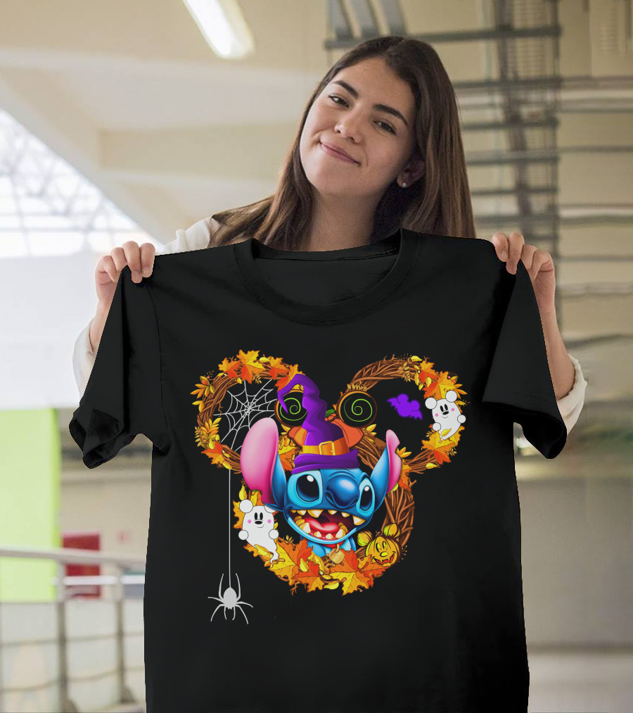 Stitch Halloween Mickey Mouse Ears With Spooky Autumn Leaves And Spider Web T-Shirt