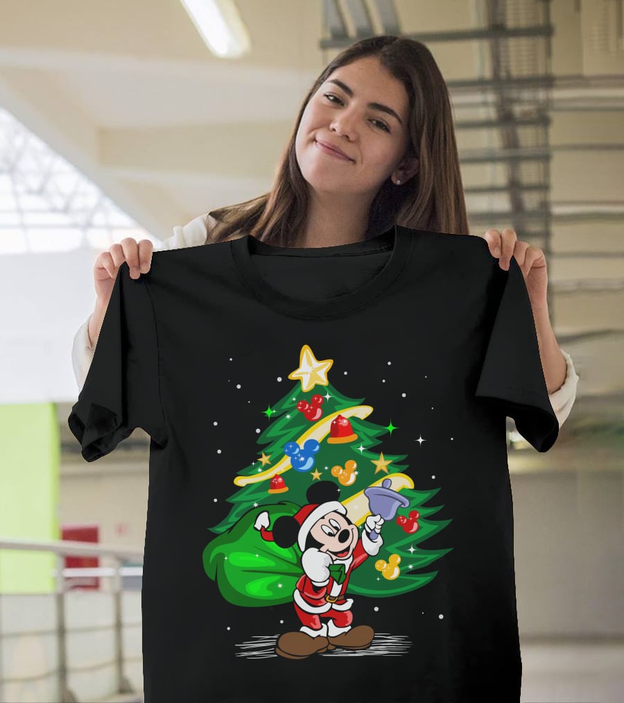 Mickey Mouse Santa With Christmas Tree And Ornaments T-Shirt