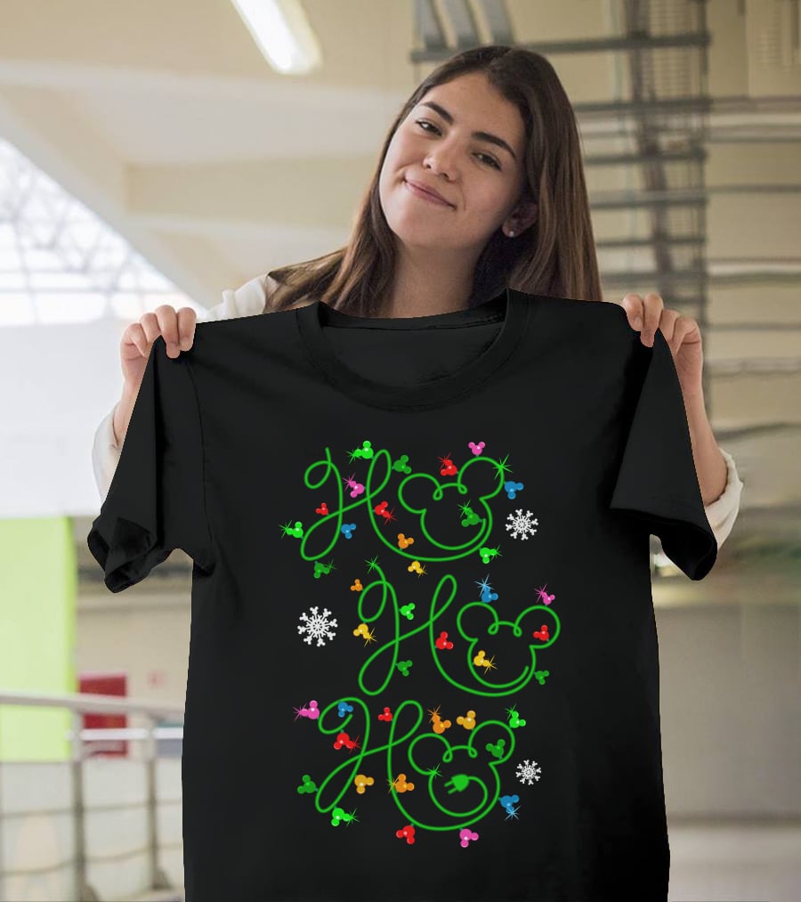 Ho Ho Ho Merry Christmas 54 Mickey Mouse Ears Snowflakes Colorful Ornaments T-Shirt
