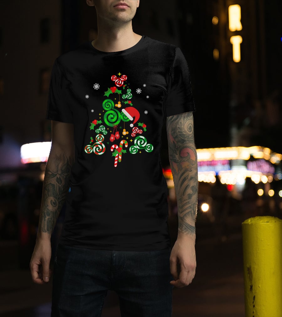 Merry Christmas 24 Candy Cane Tree With Santa Hat And Snowflakes T-Shirt