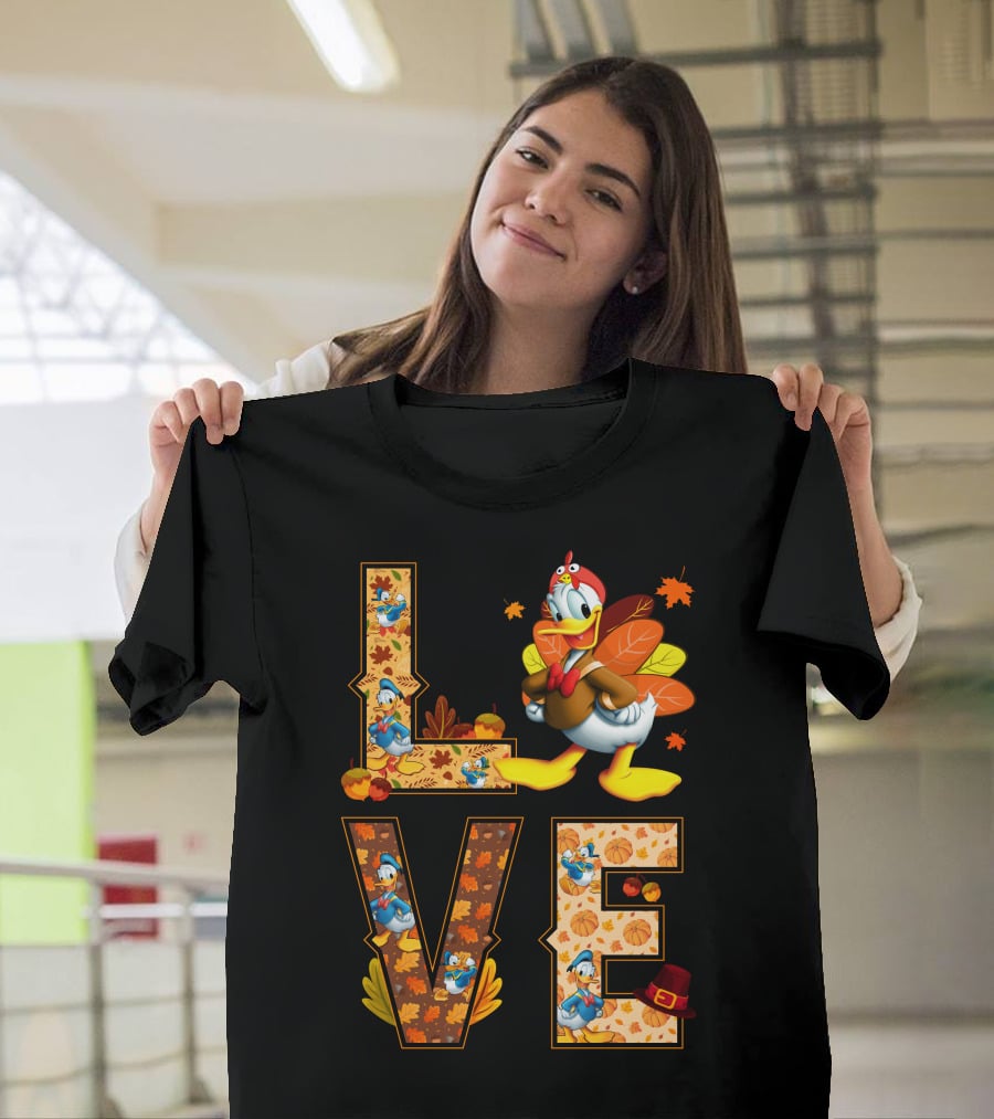 Love Thanksgiving Donald Duck Turkey Autumn Leaves Pumpkins T-Shirt