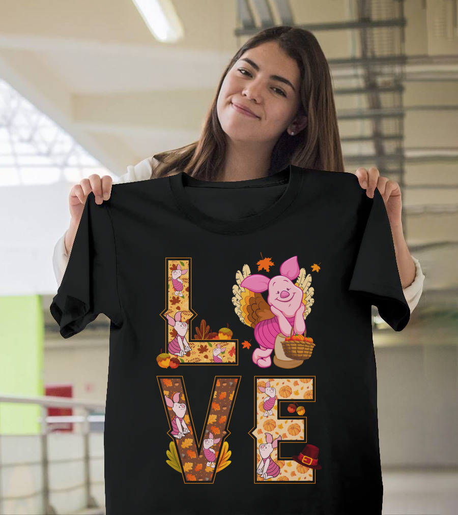 Piglet Love Autumn Harvest Thanksgiving Pumpkin Leaves T-Shirt