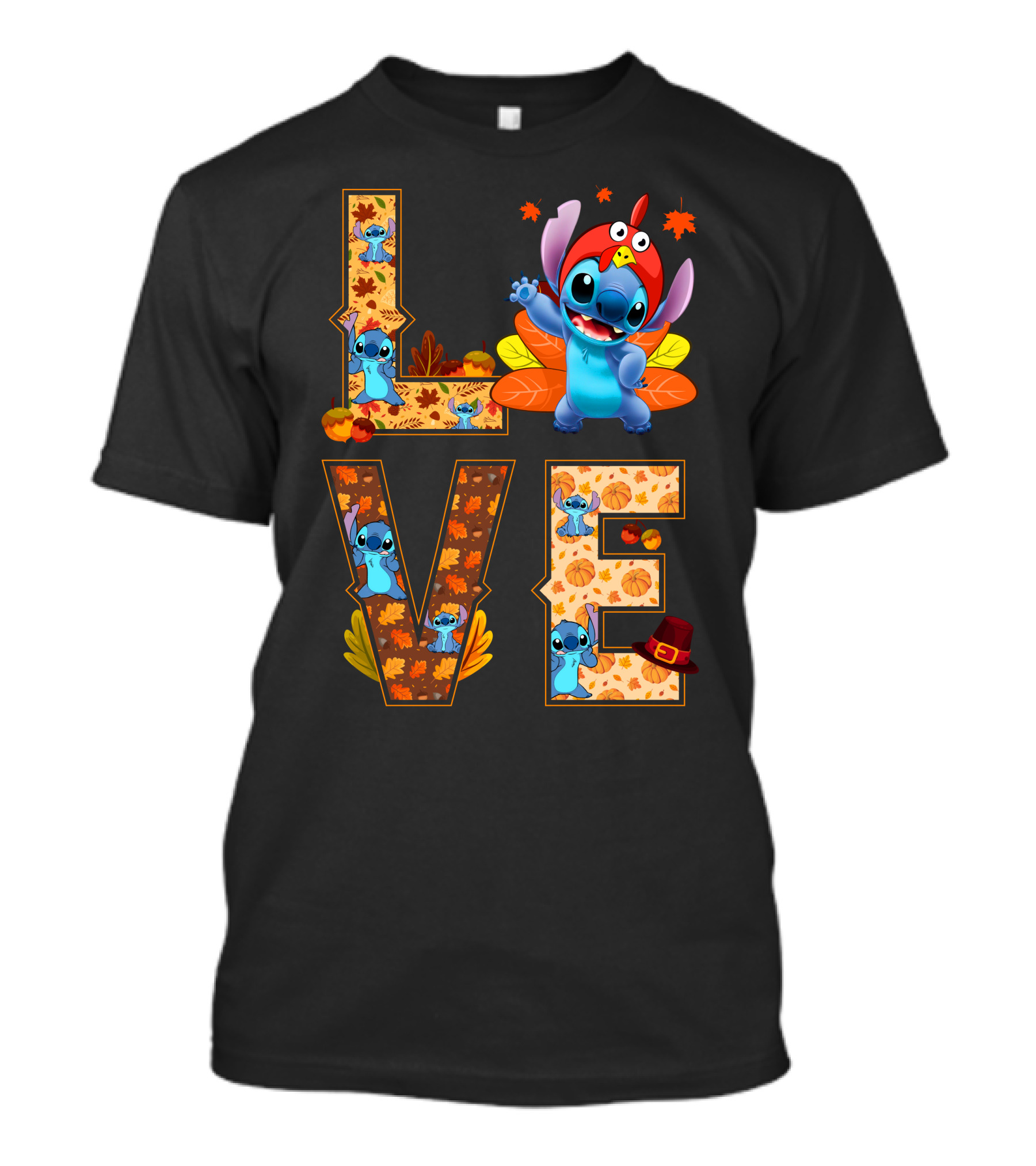 Love Stitch Thanksgiving Autumn Leaves Pumpkins Turkey Hat T-Shirt
