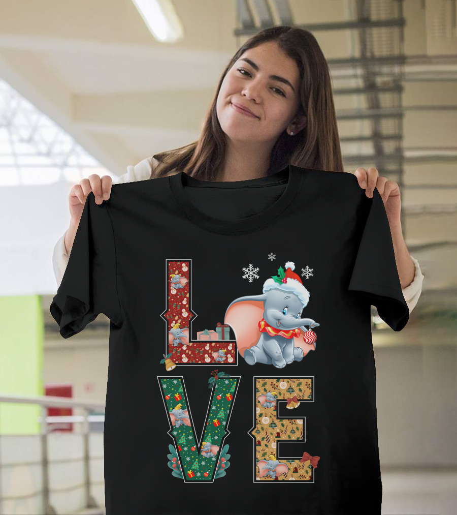 Love Dumbo Christmas Holiday Snowflakes Santa Hat Candy Cane T-Shirt
