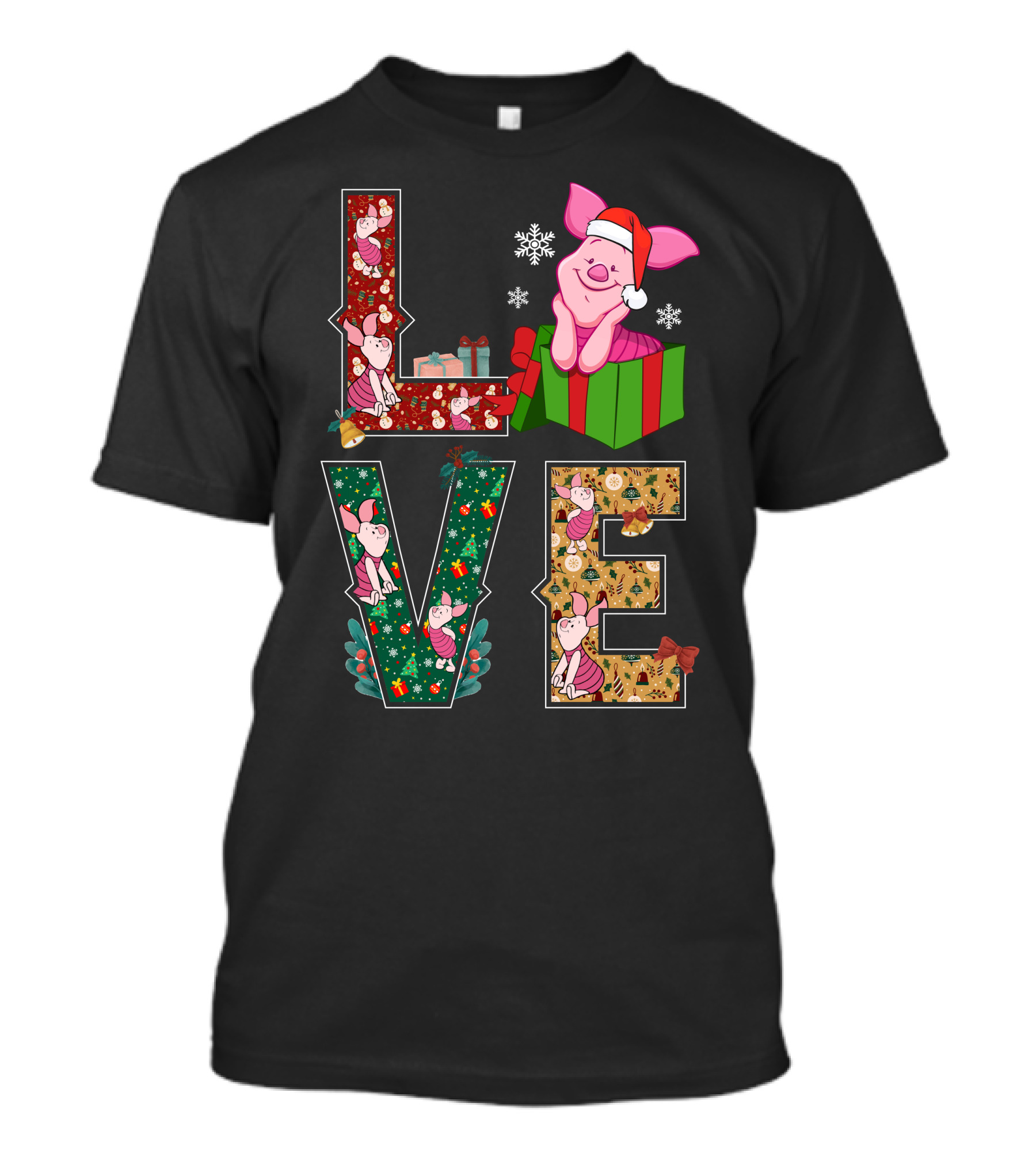 Piglet Christmas Love Santa Hat Gift Box Snowflakes T-Shirt