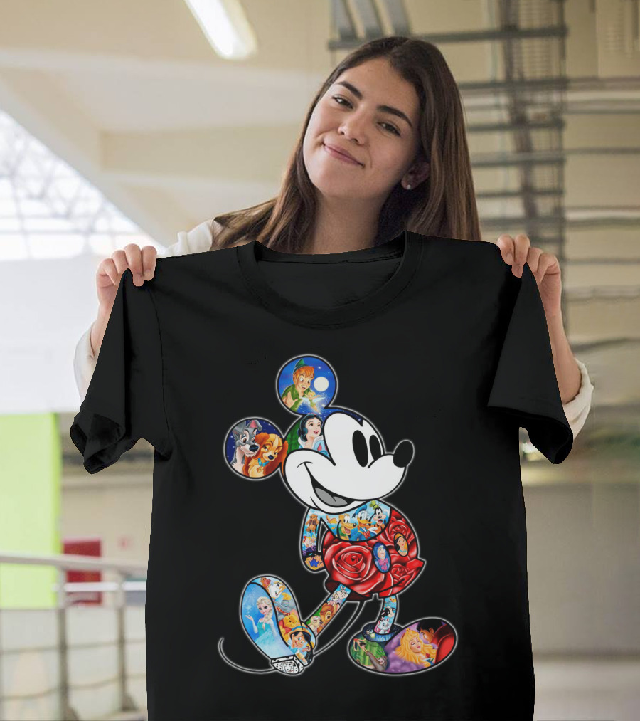Mickey Mouse Collage Featuring Classic Disney Characters T-Shirt