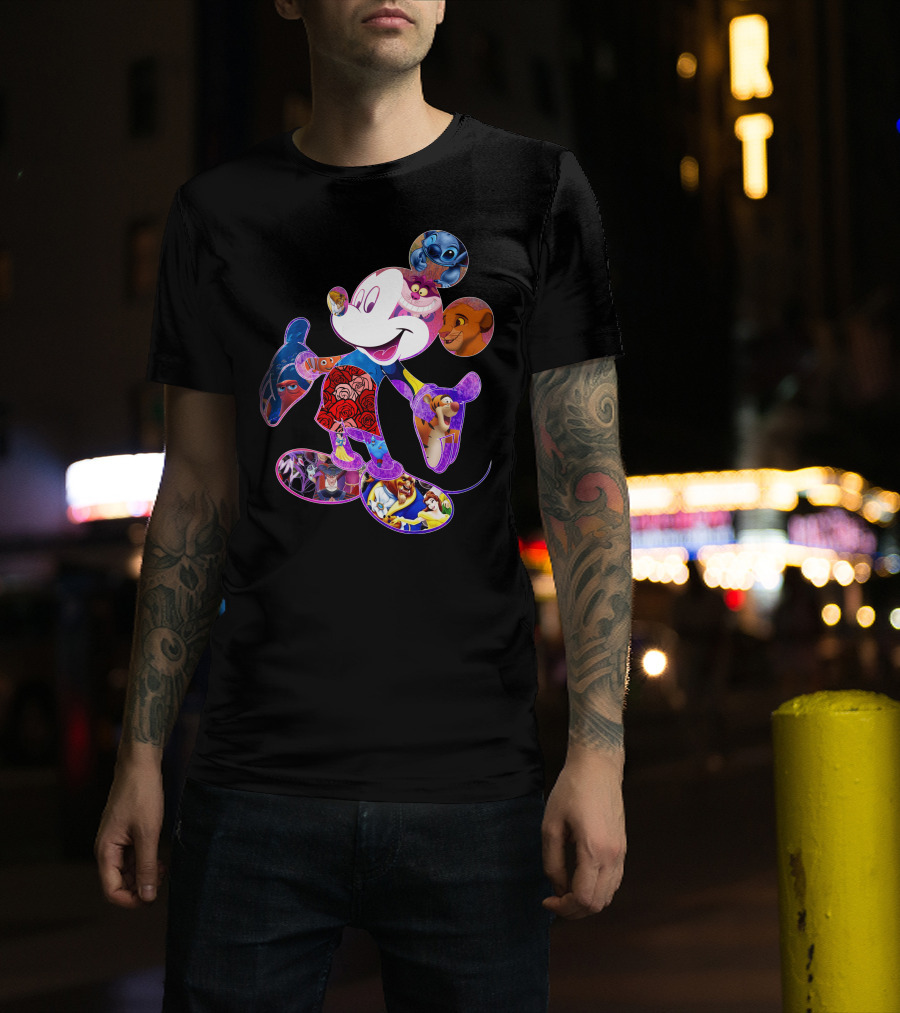 Mickey Mouse Collage Featuring Disney Characters From Lilo & Stitch The Lion King Finding Nemo Winnie The Pooh The Little Mermaid Beauty And The Beast T-Shirt