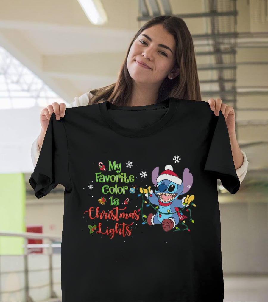 My Favorite Color Is Christmas Lights Stitch Holiday Lights Snowflakes Santa Hat T-Shirt