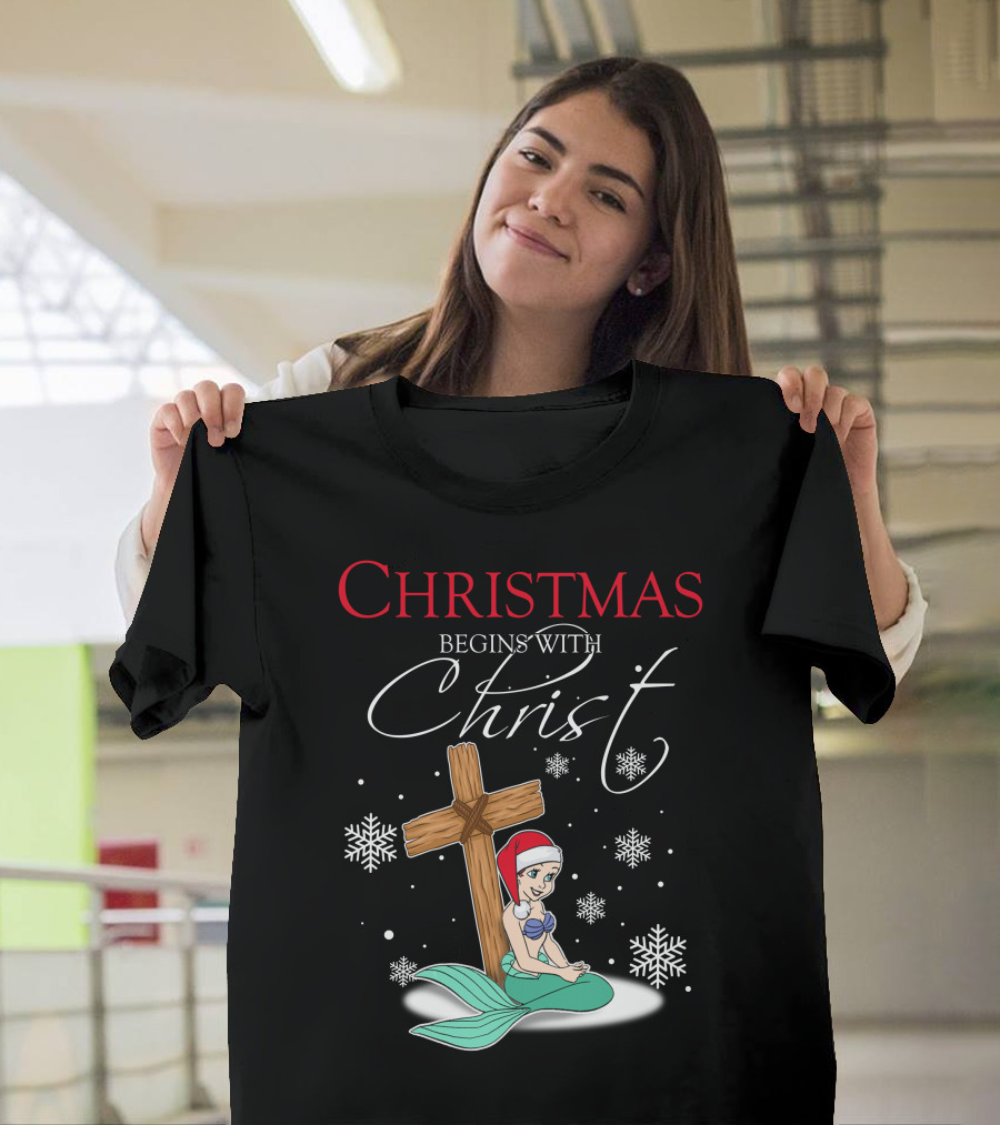 Christmas Begins With Christ Ariel Snowflakes T-Shirt