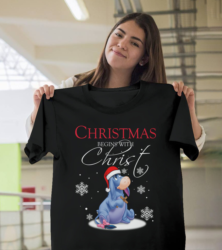 Christmas Begins With Christ Eeyore Santa Hat Snowflakes T-Shirt