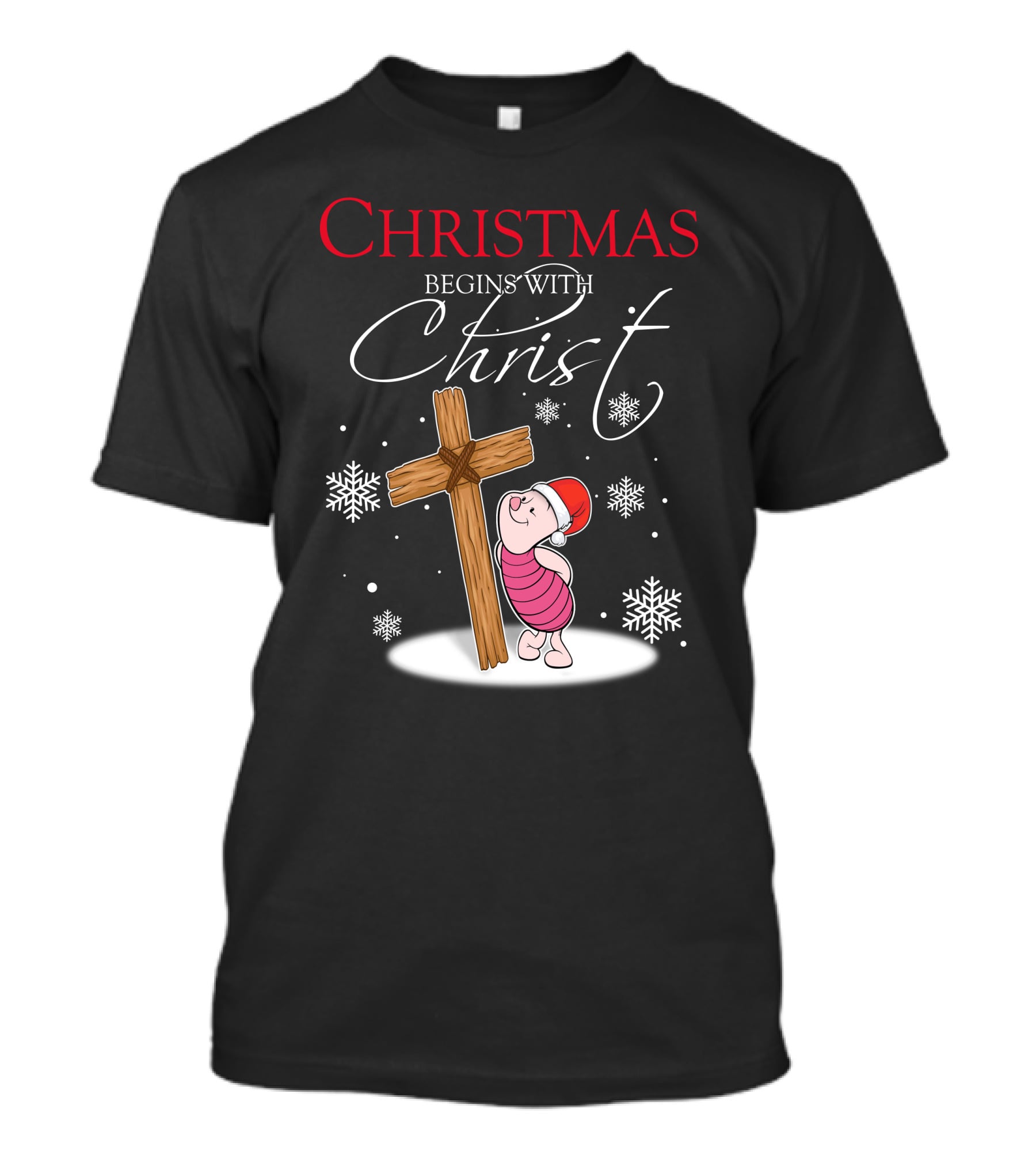 Christmas Begins With Christ Piglet Santa Hat Snowflakes T-Shirt