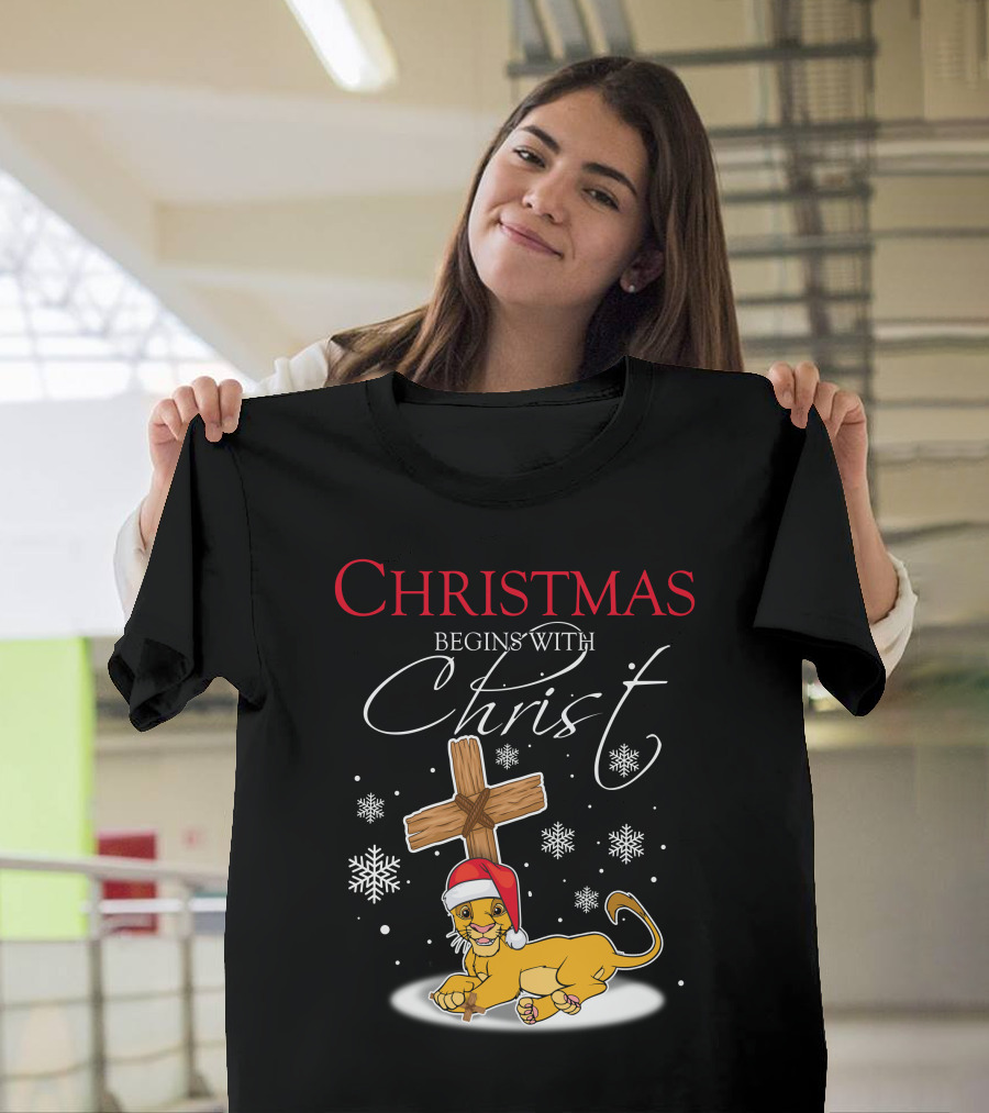 Christmas Begins With Christ Simba Snowflakes Santa Hat T-Shirt