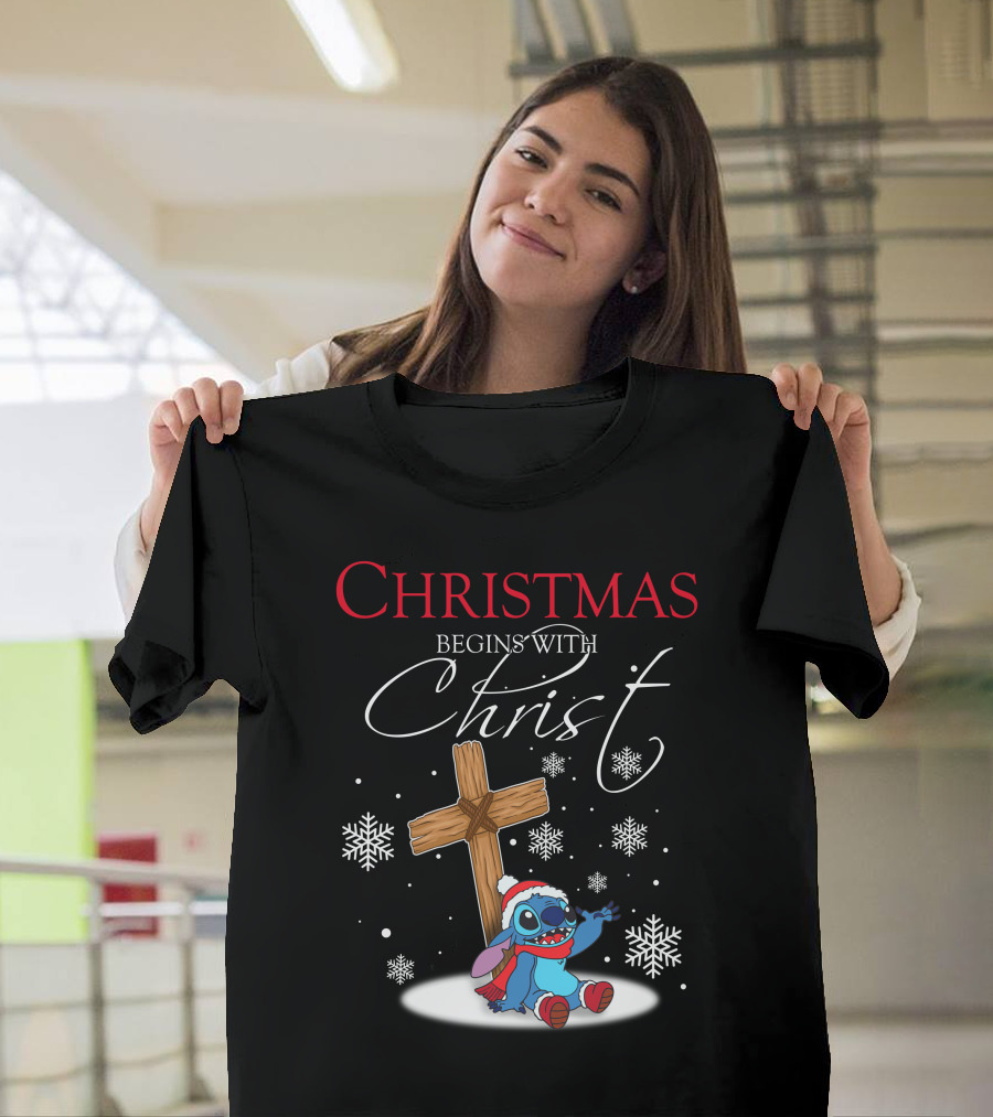 Christmas Begins With Christ Stitch Snowflakes T-Shirt