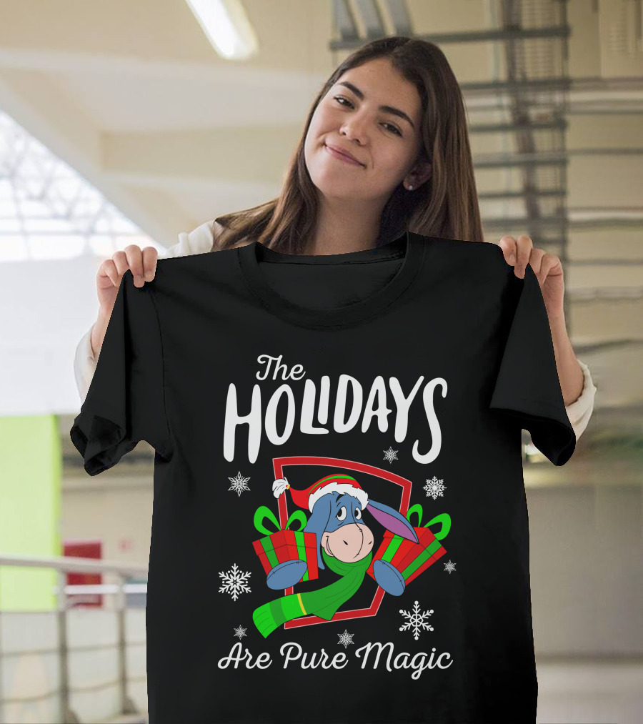 The Holidays Are Pure Magic Eeyore Wearing Santa Hat And Scarf Snowflakes And Presents T-Shirt