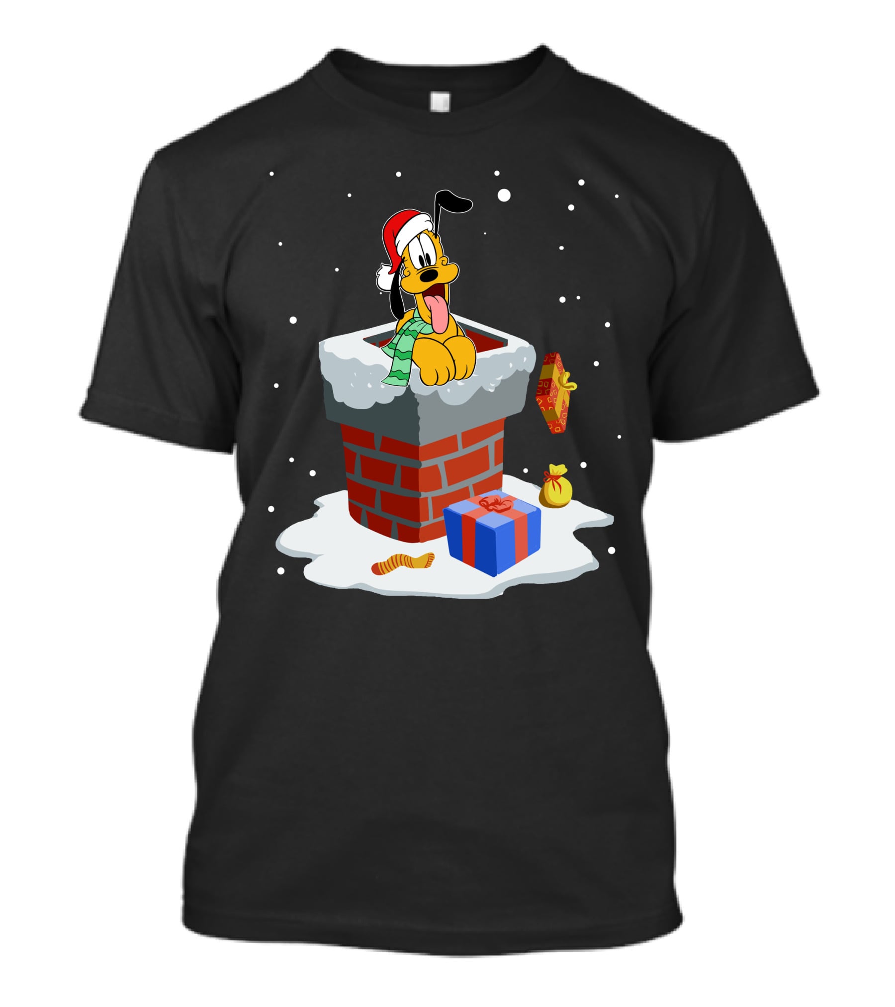 Pluto Christmas Chimney Santa Hat Holiday Scene T-Shirt