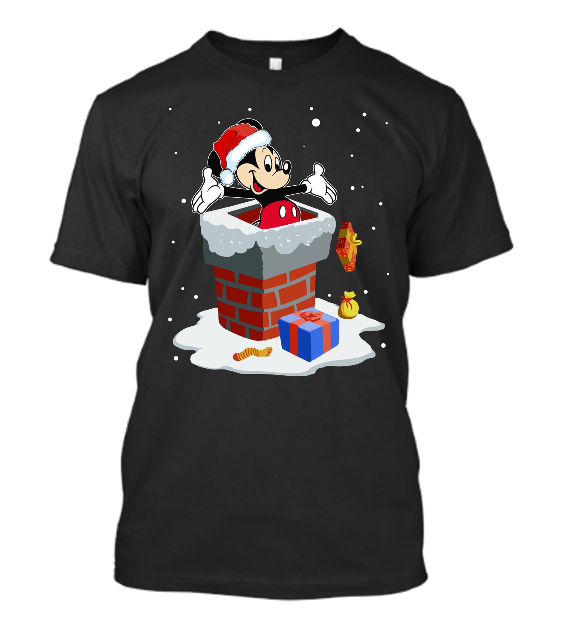 Mickey In Santa Hat Exiting Chimney With Gifts And Snow T-Shirt
