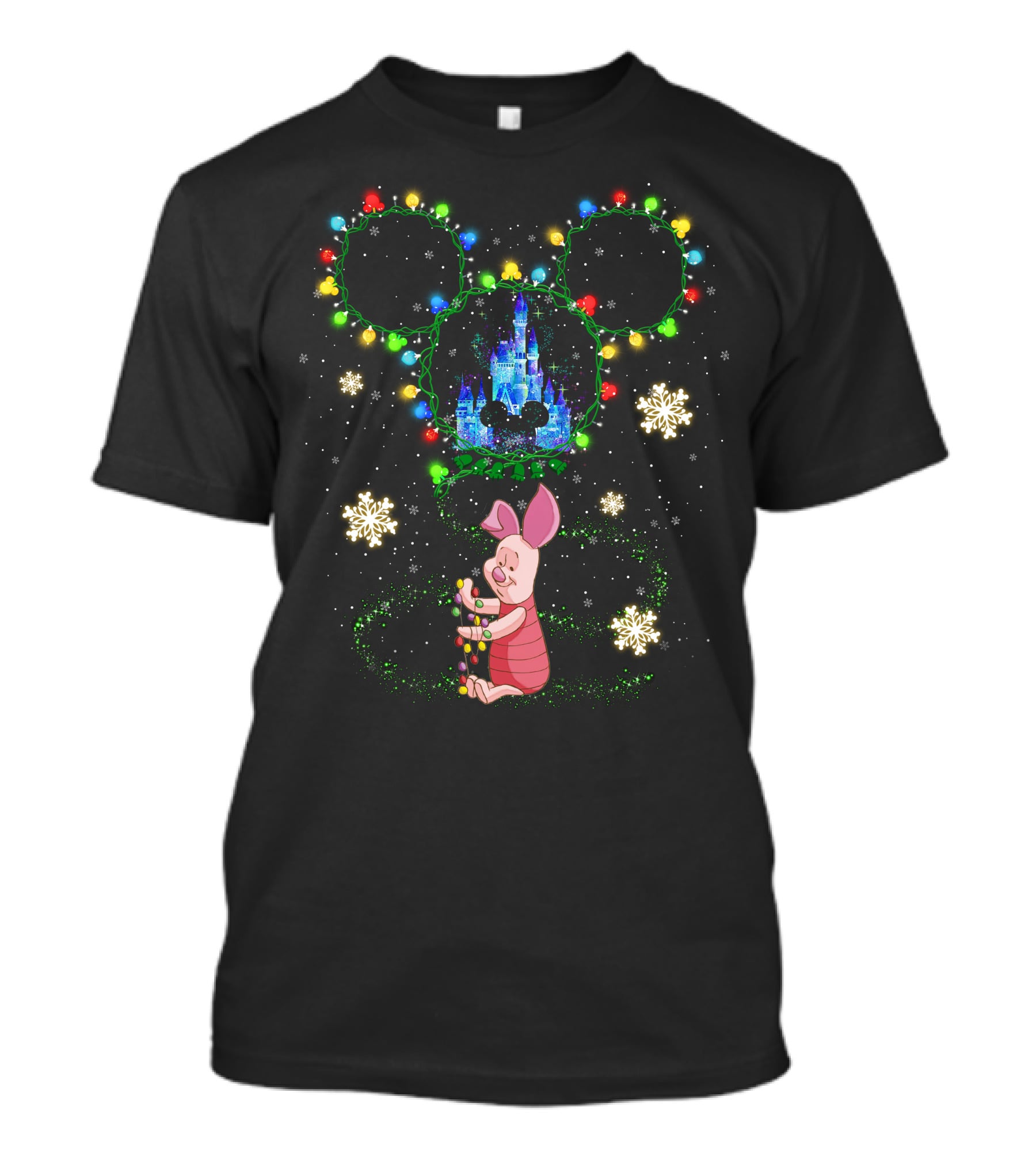 Piglet Christmas Lights Castle And Mouse Ears Snowflakes T-Shirt