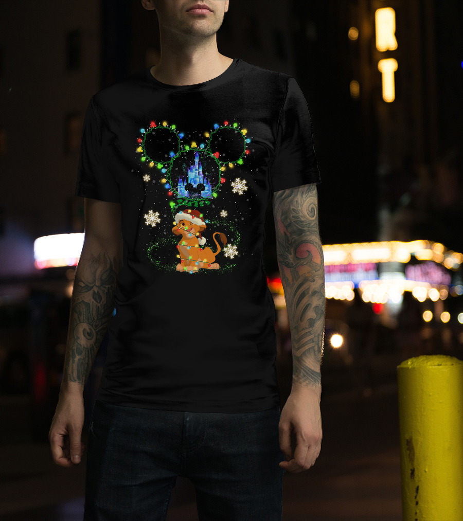 Simba Christmas Disney Castle Mickey Ears Lights Snowflakes T-Shirt