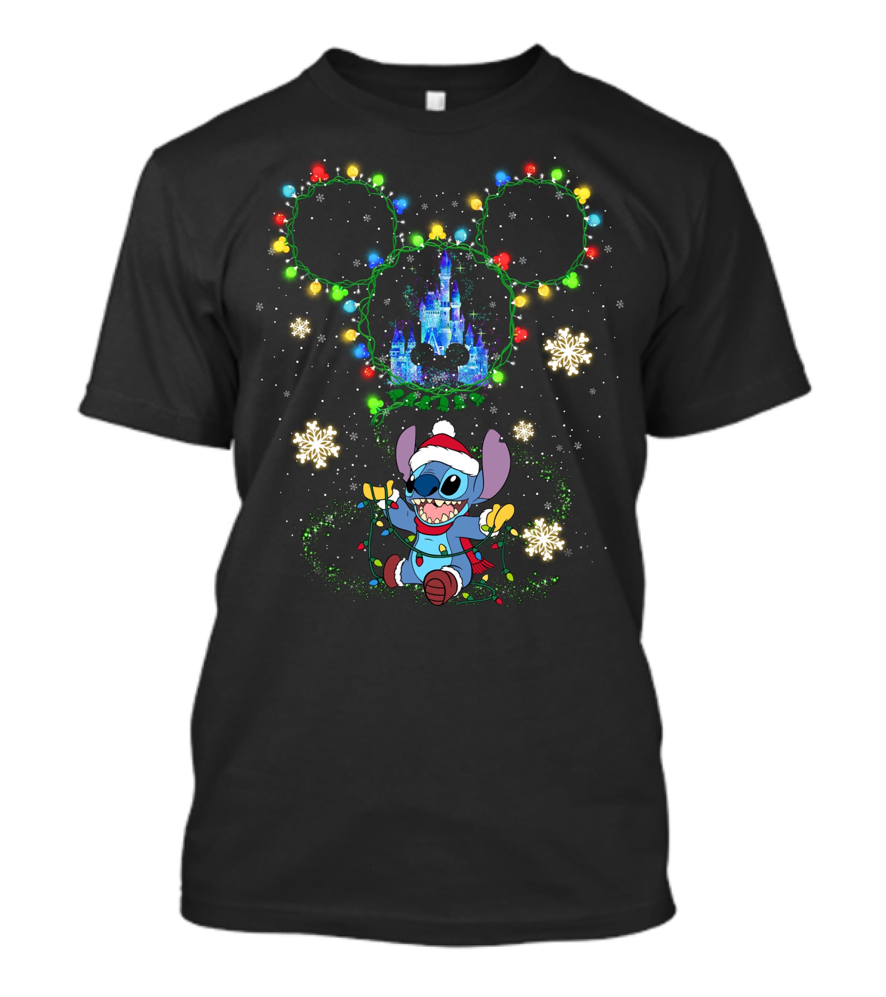 Stitch Christmas Disney Castle Mickey Mouse Ears Holiday Lights Snowflakes T-Shirt